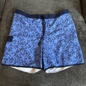Lands‎ End Mens Swim Trunks XXL 44-46 Blue Hawaiian Floral Tropical Pocket Liner
